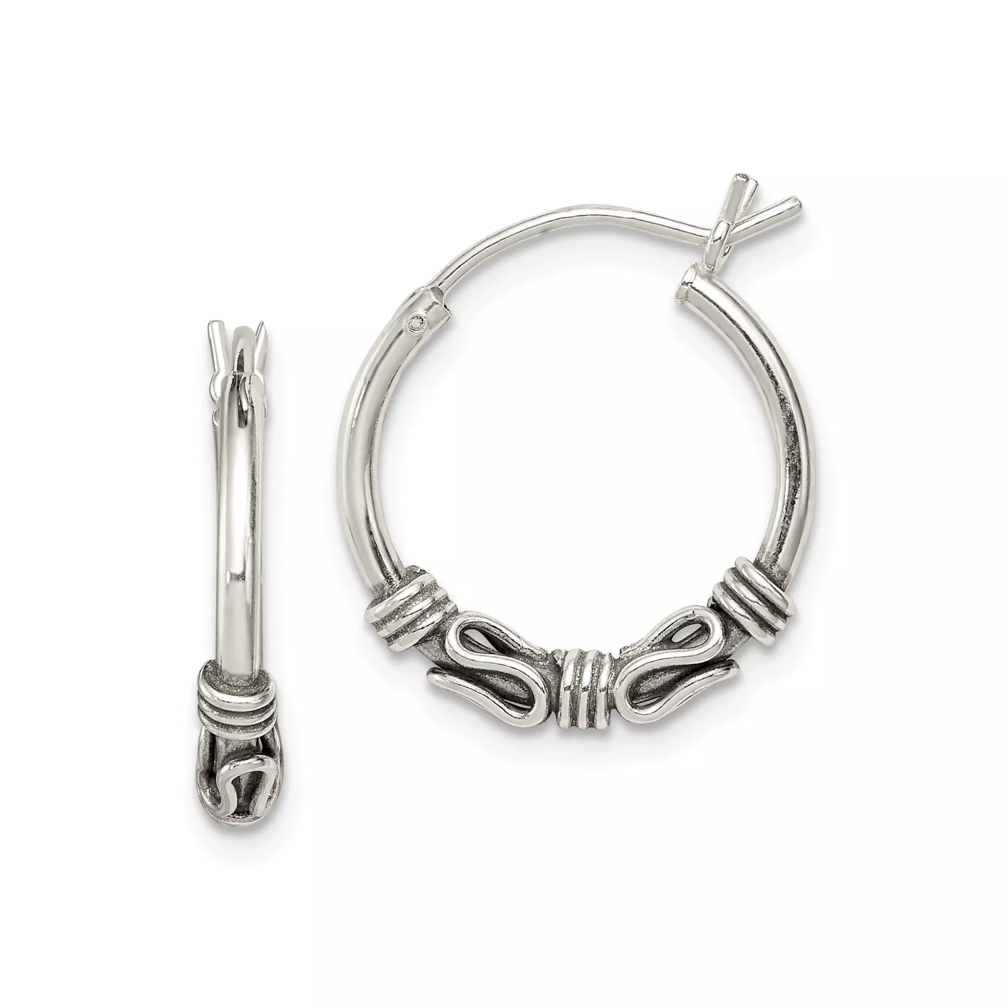 Sterling Silver Hoop Earrings with Ornate Wire Scrollwork, Lightweight Balinese Boho Style