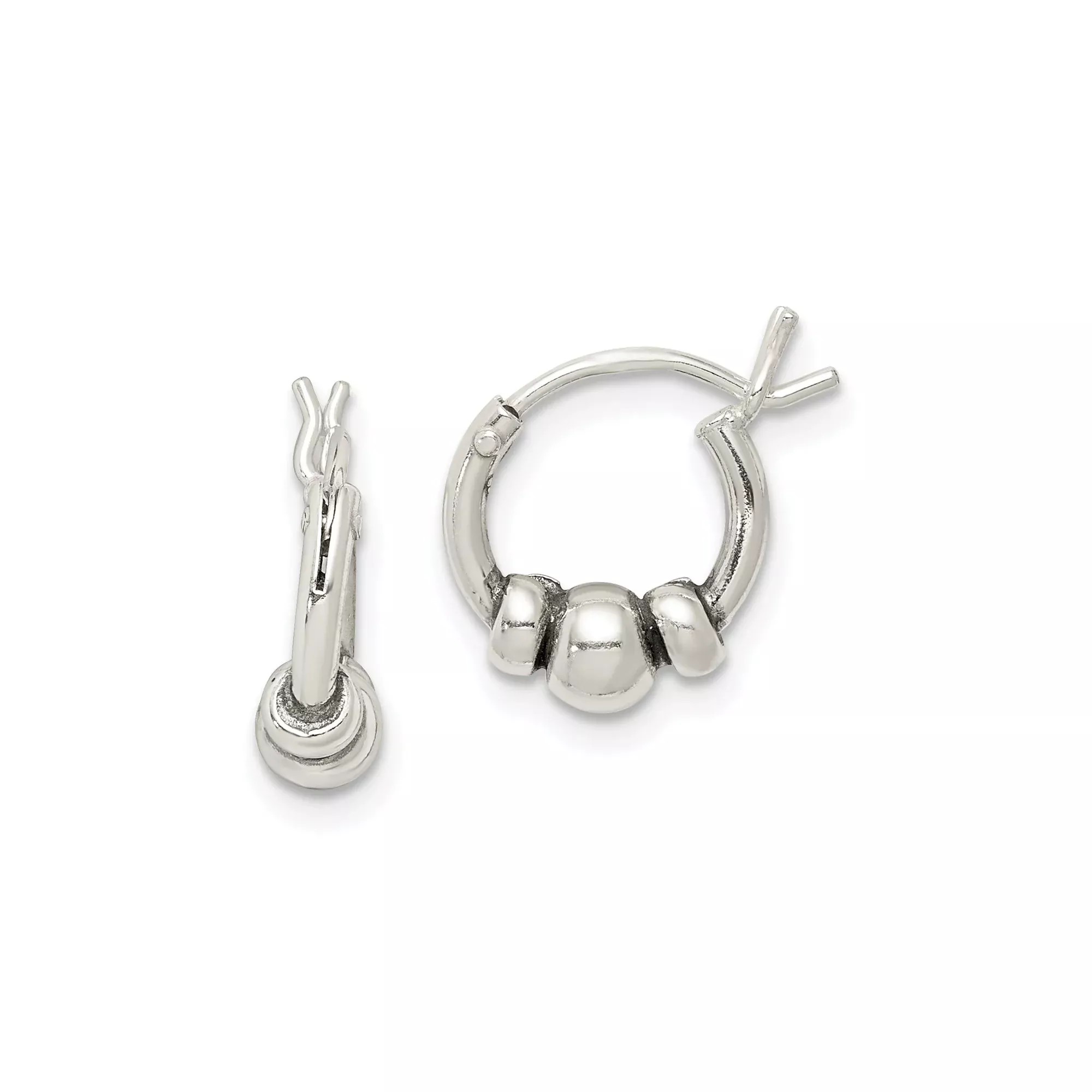 Sterling Silver Hoop Earrings with Three Bead Design, Latch-Back, Minimalist Style
