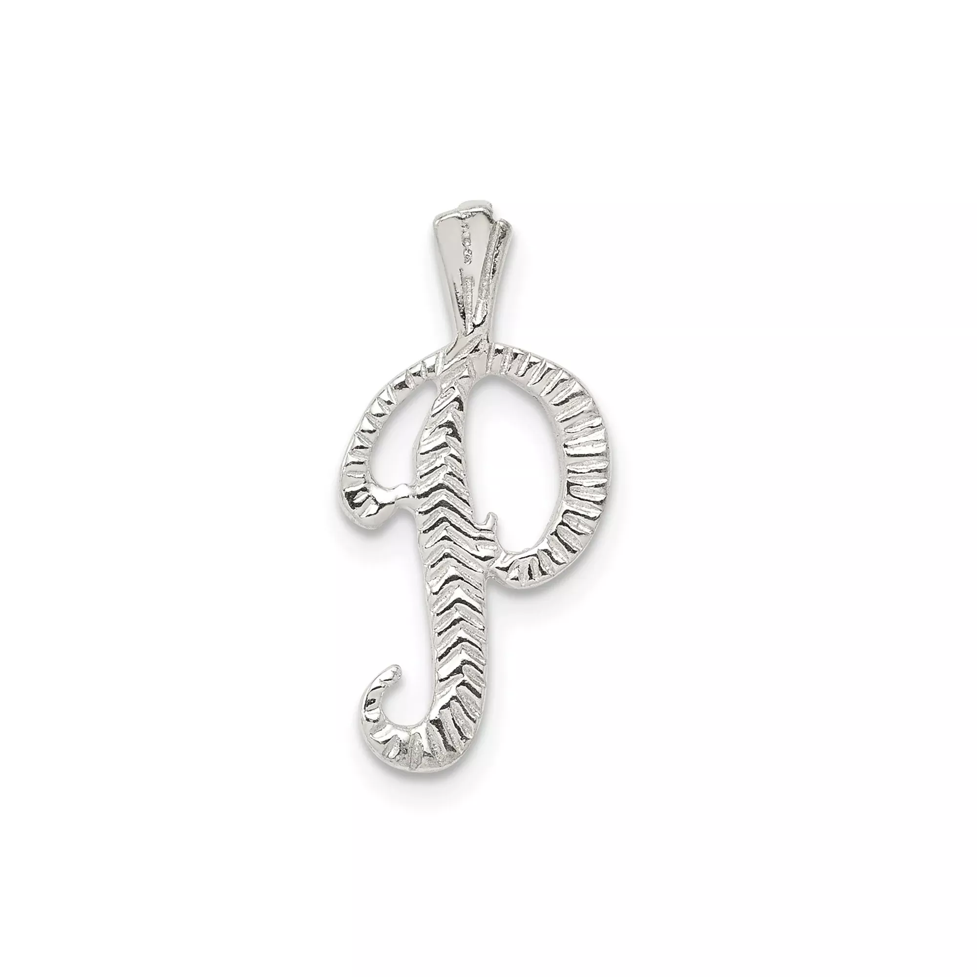 Sterling Silver Letter P Pendant with Zigzag Pattern, Script Initial Charm, Unisex Monogram Jewelry