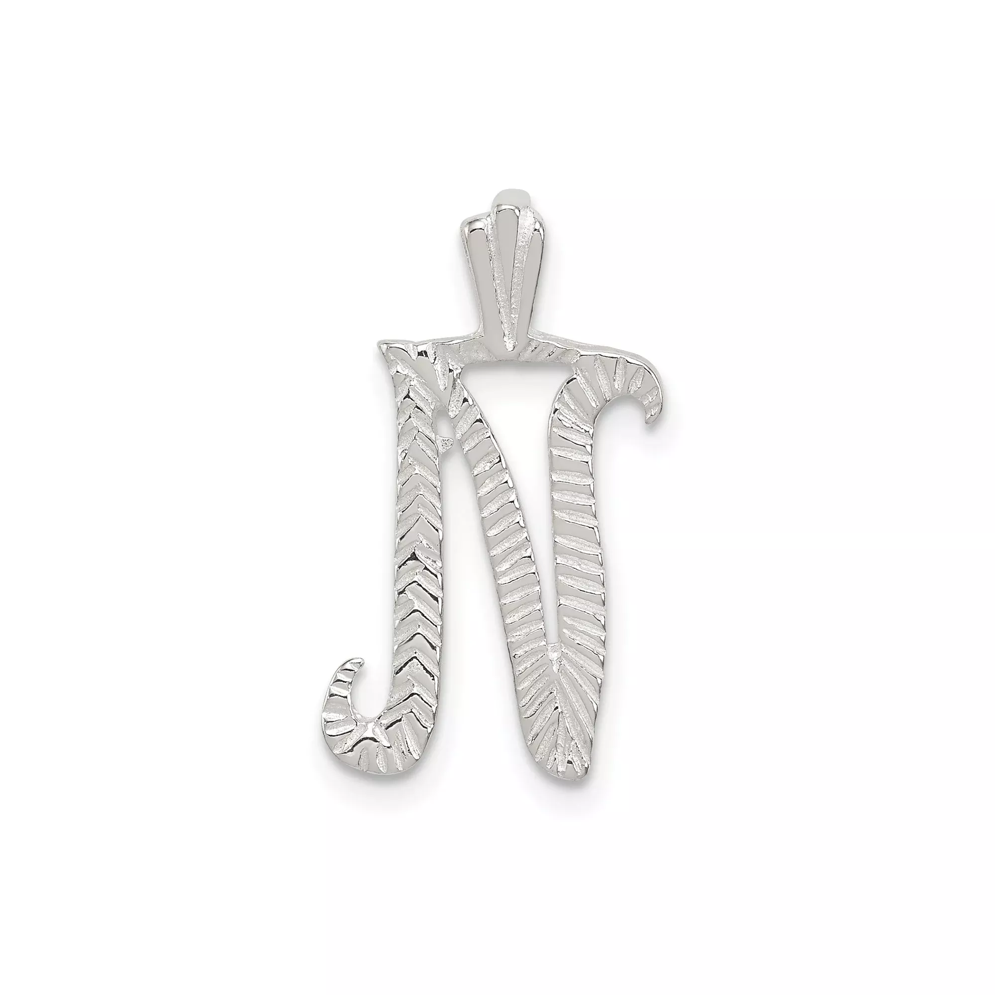 Sterling Silver N Initial Pendant with Chevron Pattern and Polished Script Letter Charm
