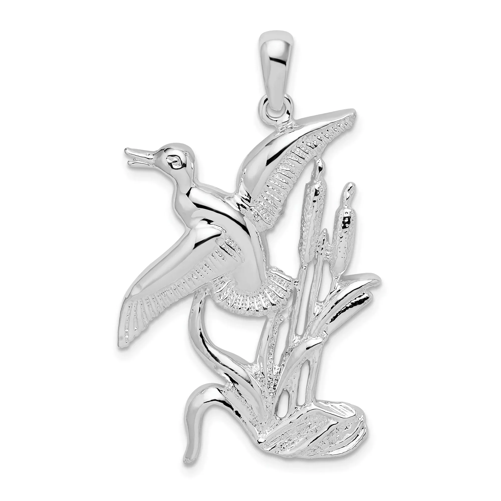 Sterling Silver Pendant with Flying Duck Over Cattails, Nature Wildlife Bird Charm Design