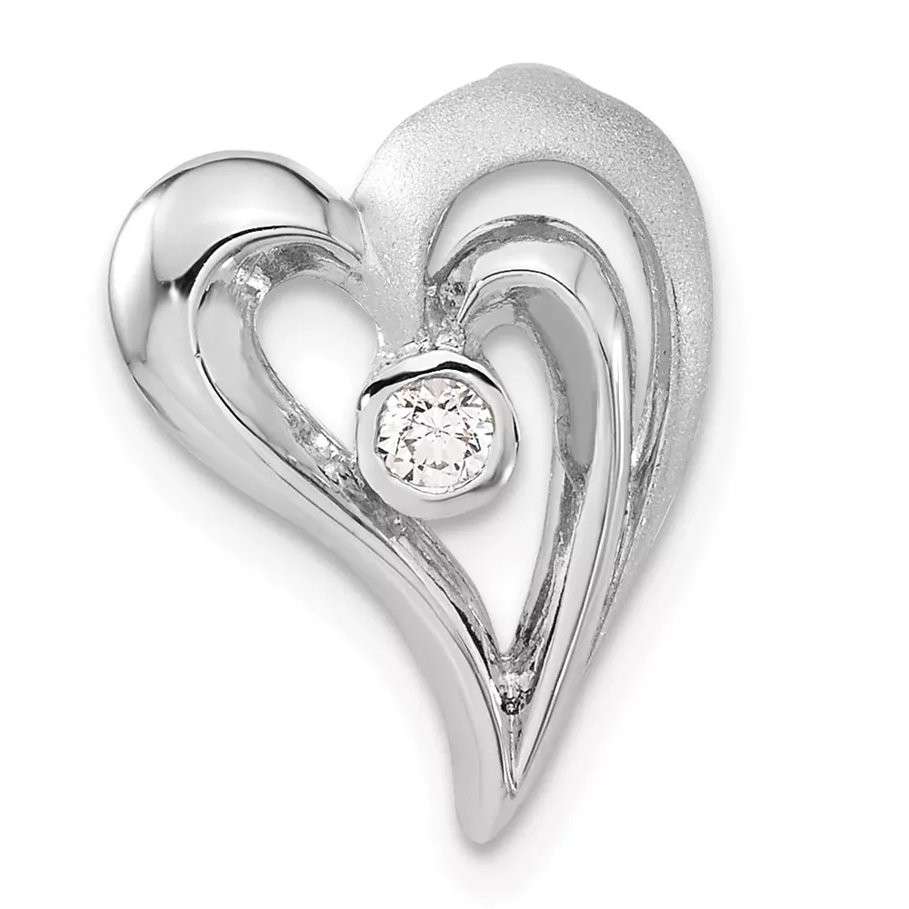 Sterling Silver Polished and Satin CZ Heart Chain Slide