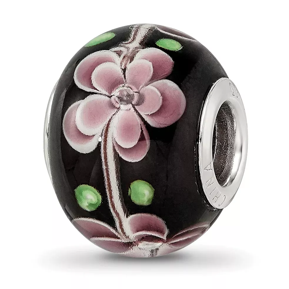 Sterling Silver Reflections Rh-plated Pink & Green Floral Black Glass Bead