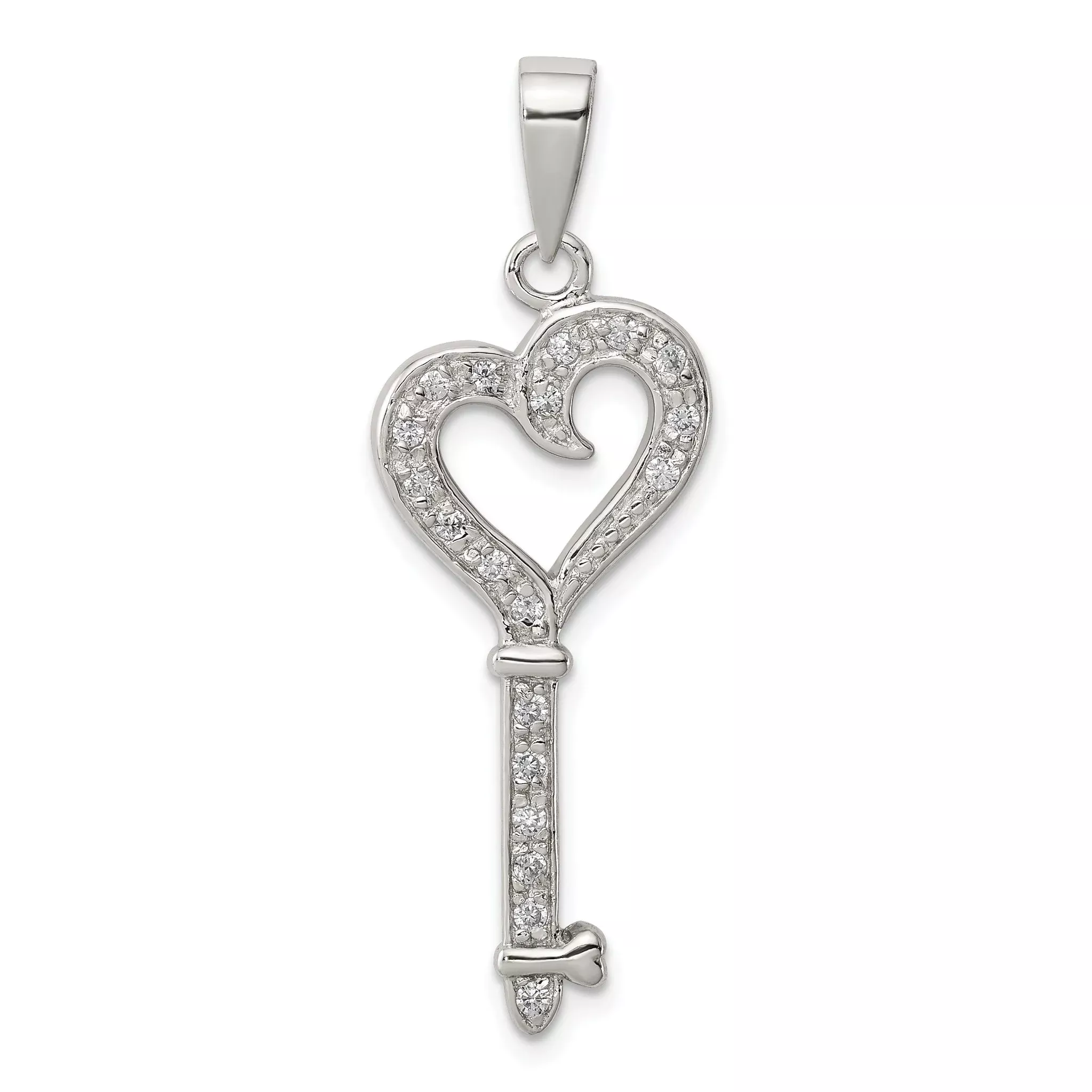 Sterling Silver Rhodium-plated CZ Heart Key Pendant
