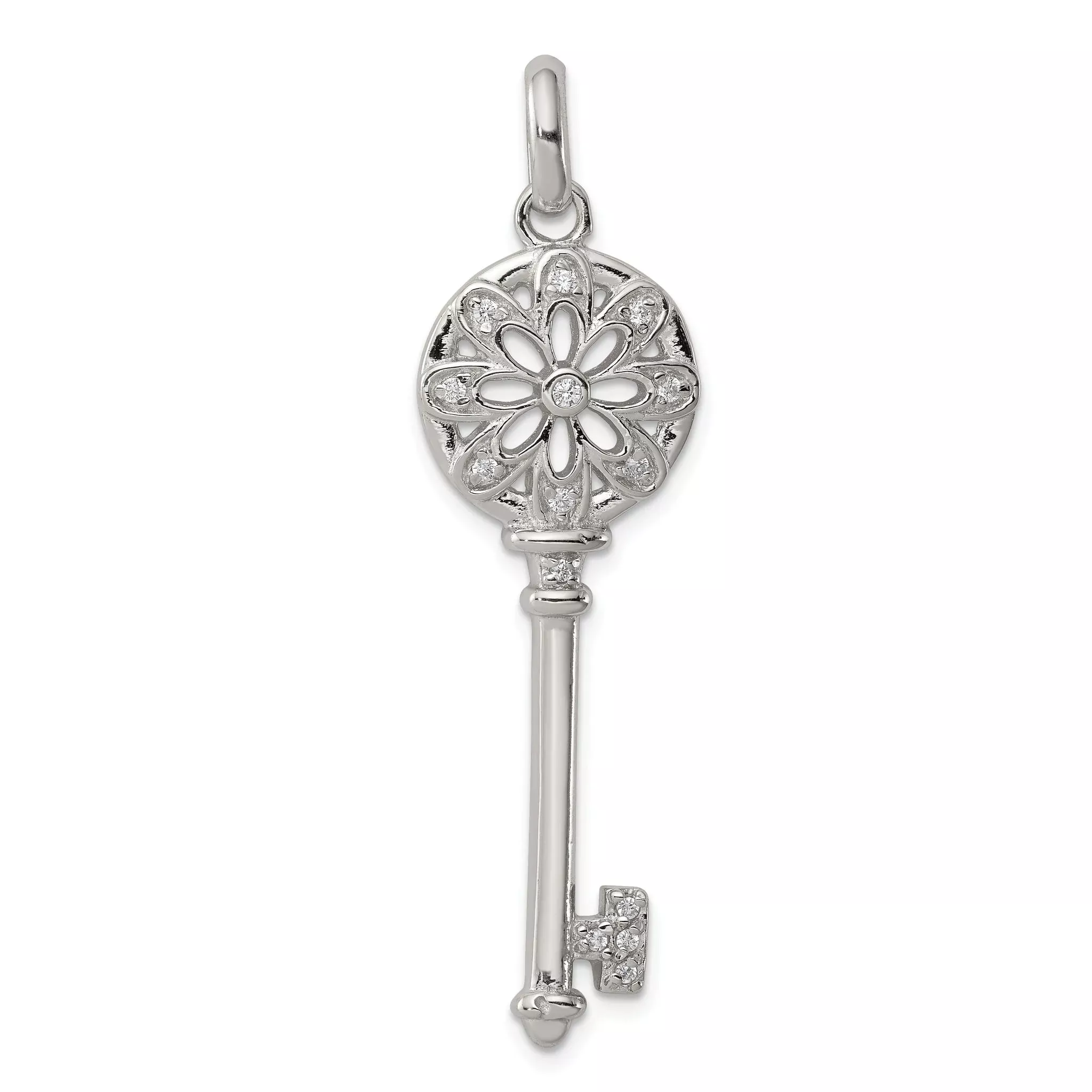 Sterling Silver Rhodium-plated and CZ Key Pendant