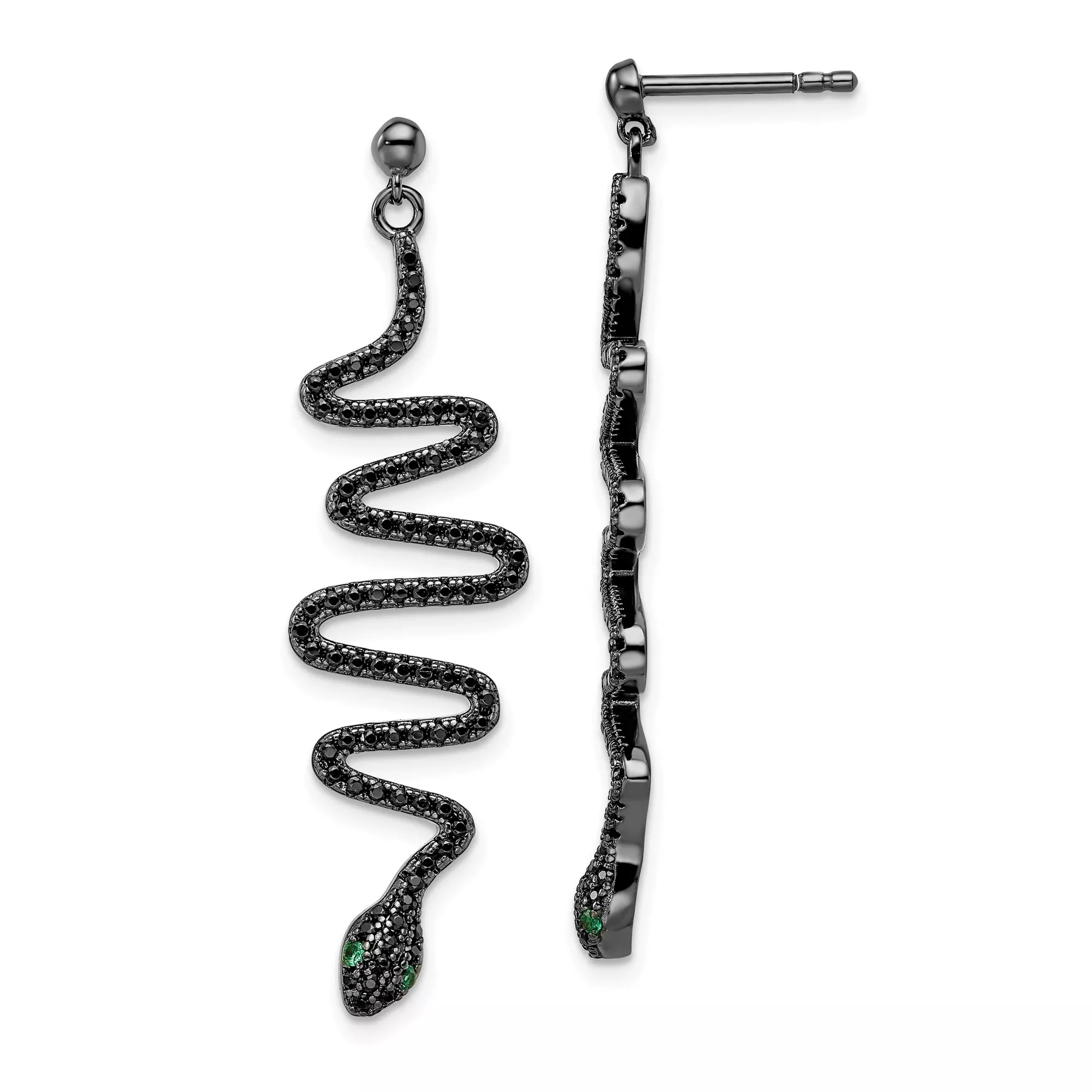 Sterling Silver Snake Dangle Earrings with Black Spinel and Green Gemstone Eyes, Gothic Style