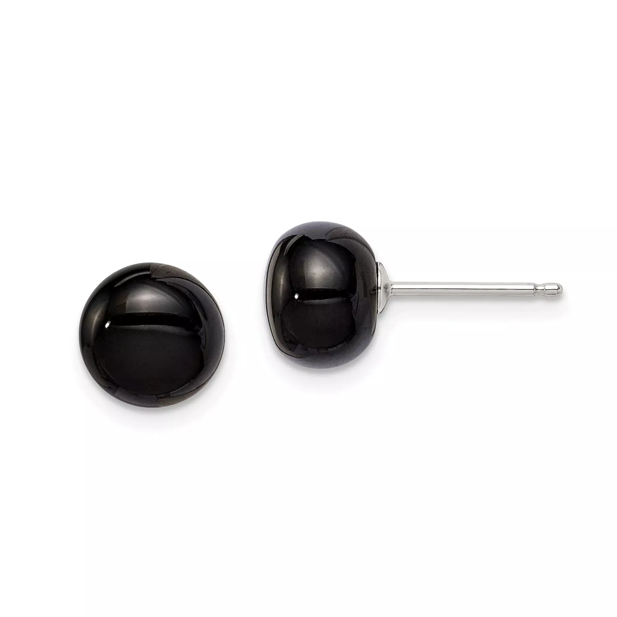 Sterling Silver Stud Earrings with Black Agate, Round Cabochon, Minimalist Design for Women