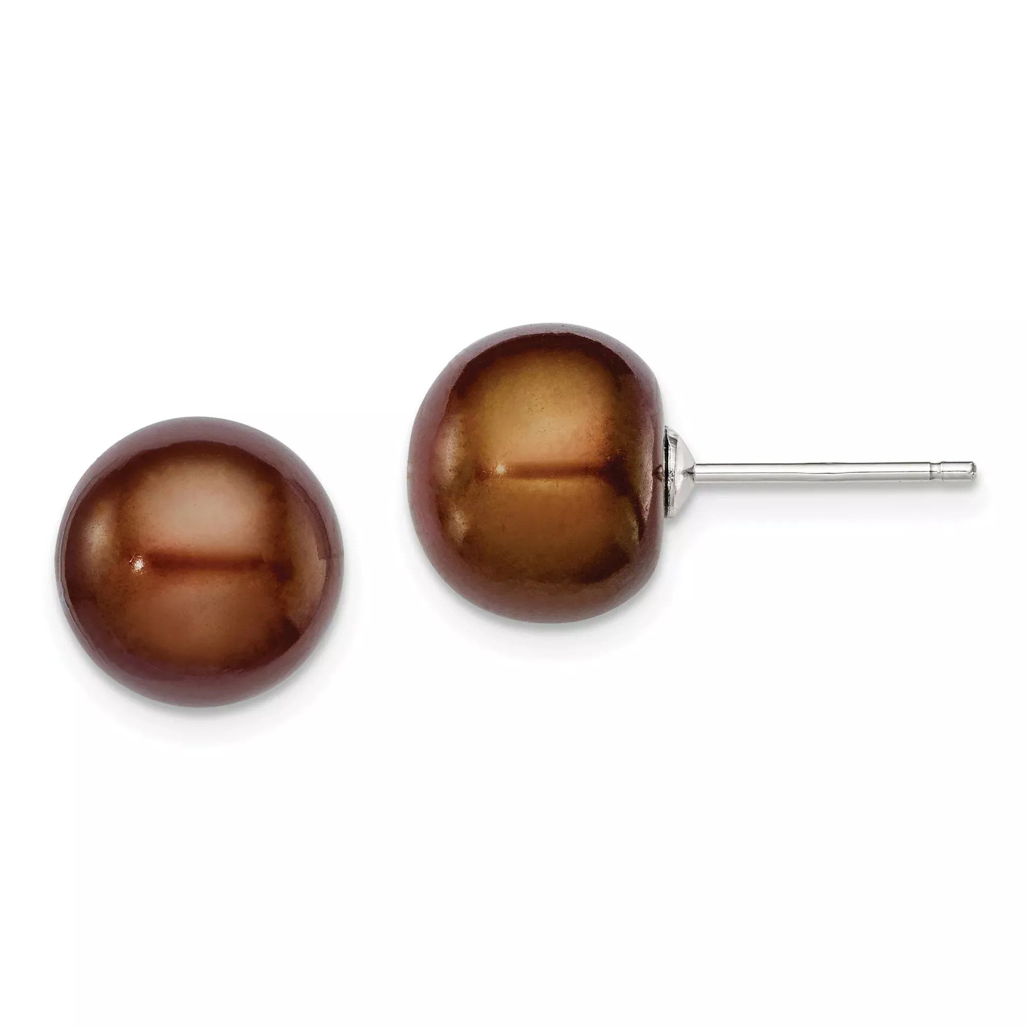 Sterling Silver Stud Earrings with Brown Freshwater Cultured Pearls, Minimalist Button Design