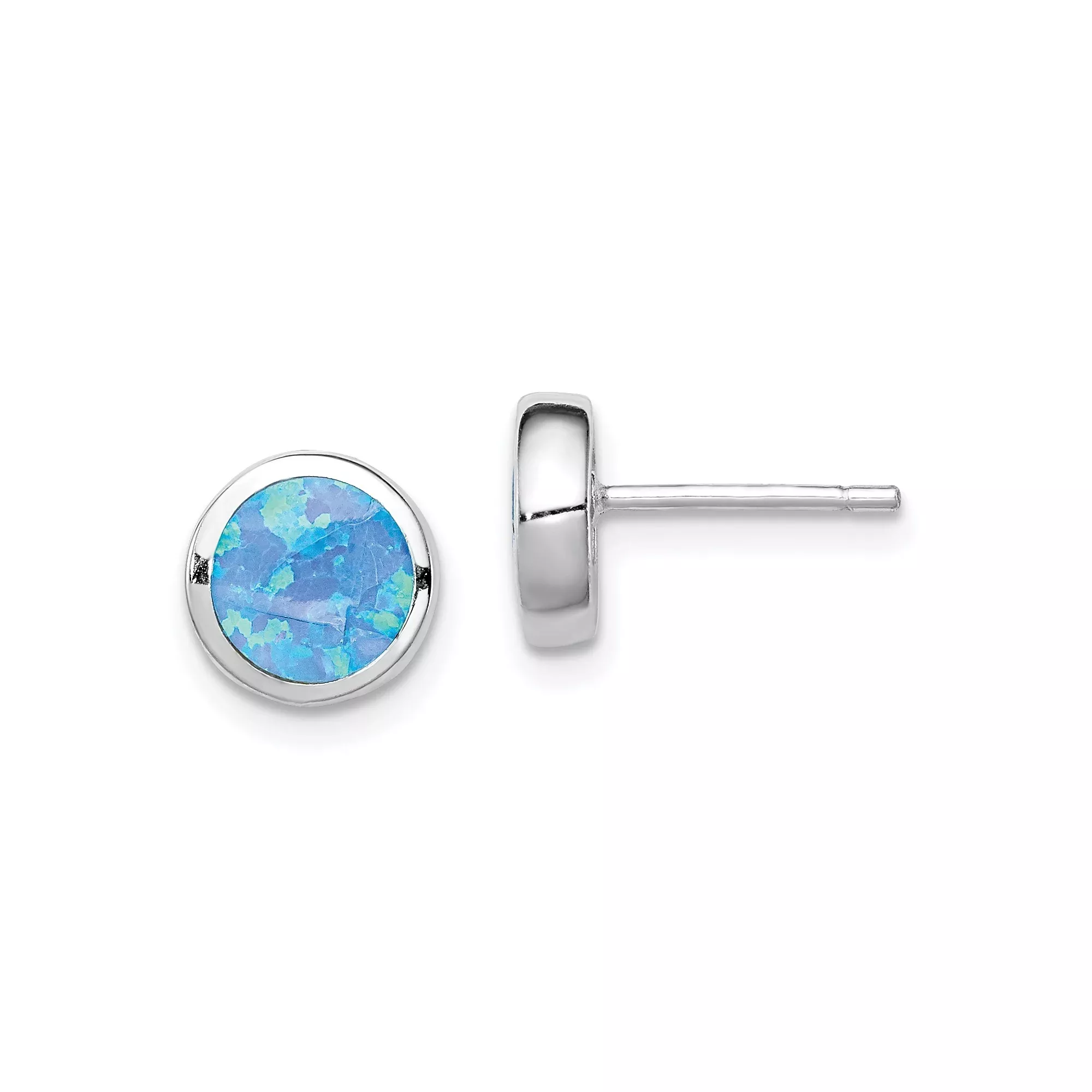 Sterling Silver Stud Earrings with Created Blue Opal, Modern Minimalist Round Design for Women