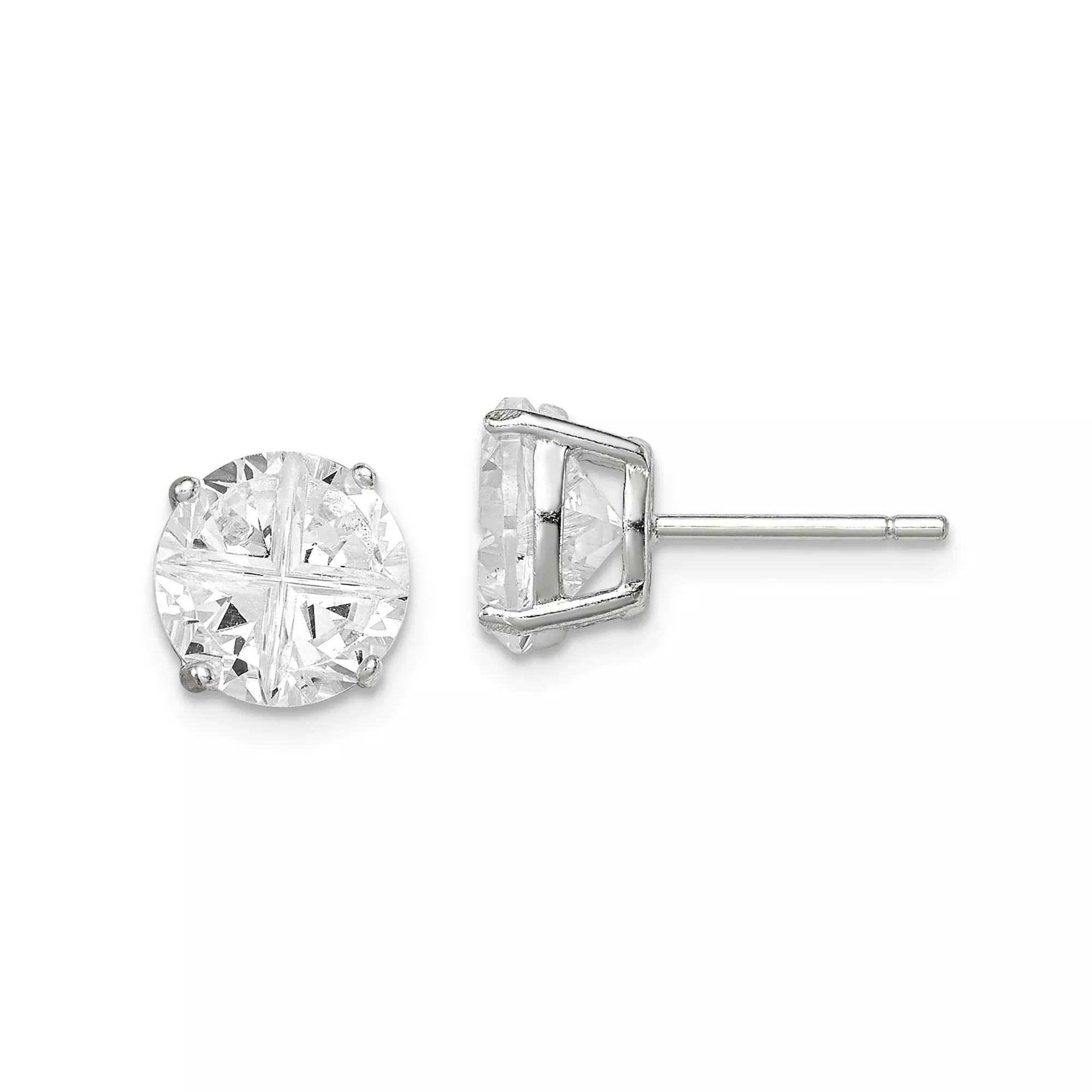 Sterling Silver Stud Earrings with Cubic Zirconia, Round Solitaire Four-Prong Design for Women