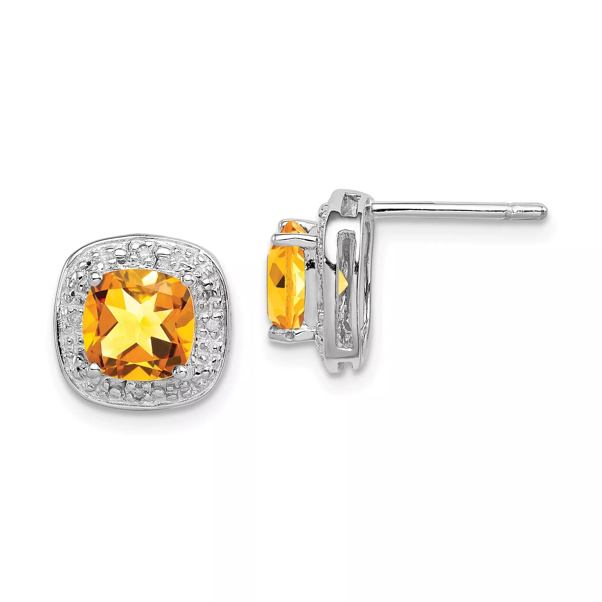 Sterling Silver Stud Earrings with Cushion Cut Citrine and Diamond Halo for Women