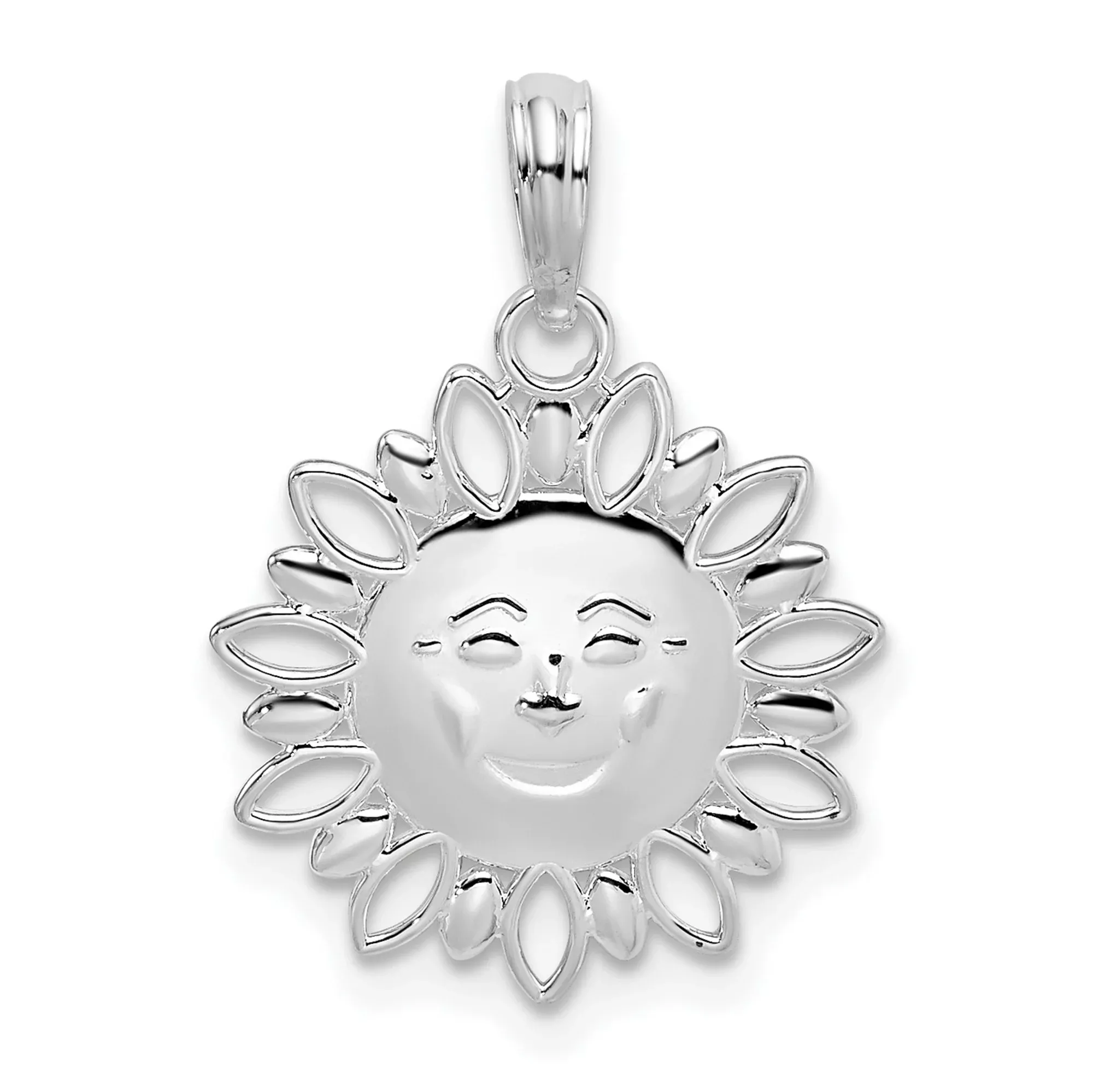 Sterling Silver Sun Face Pendant with Open Petal Rays, Celestial and Boho Style