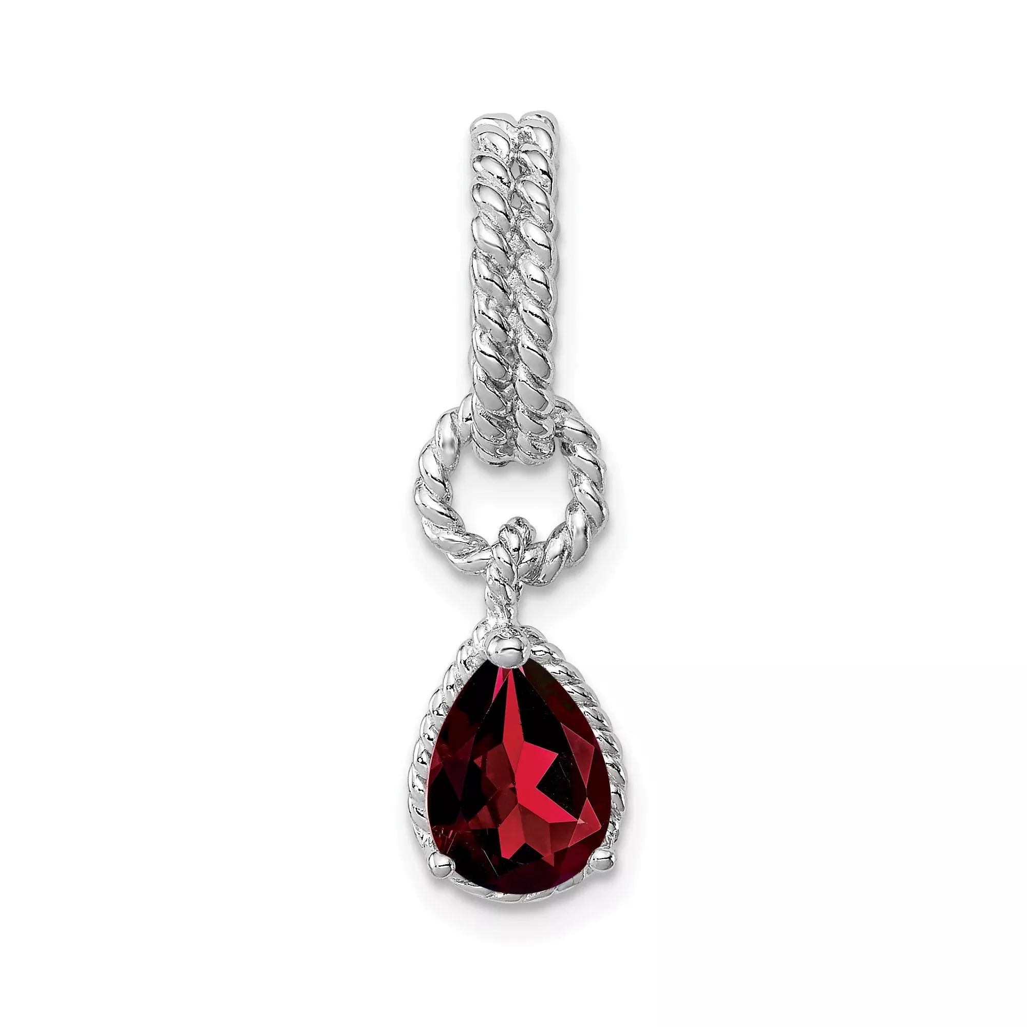 Sterling Silver Teardrop Pendant with Garnet, Twisted Rope Edge Design