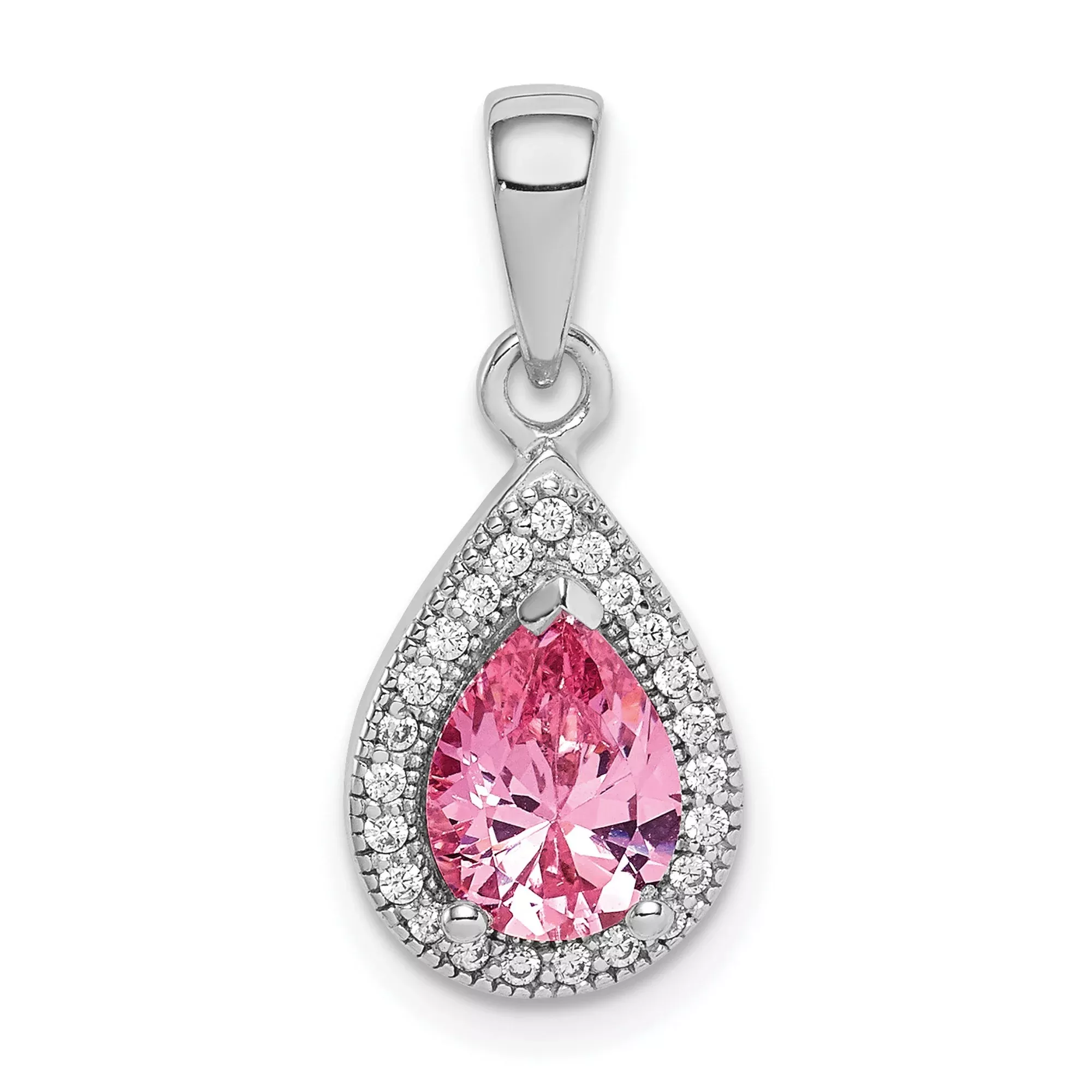 Sterling Silver Teardrop Pendant with Pear Cut Pink Cubic Zirconia and Clear Accents