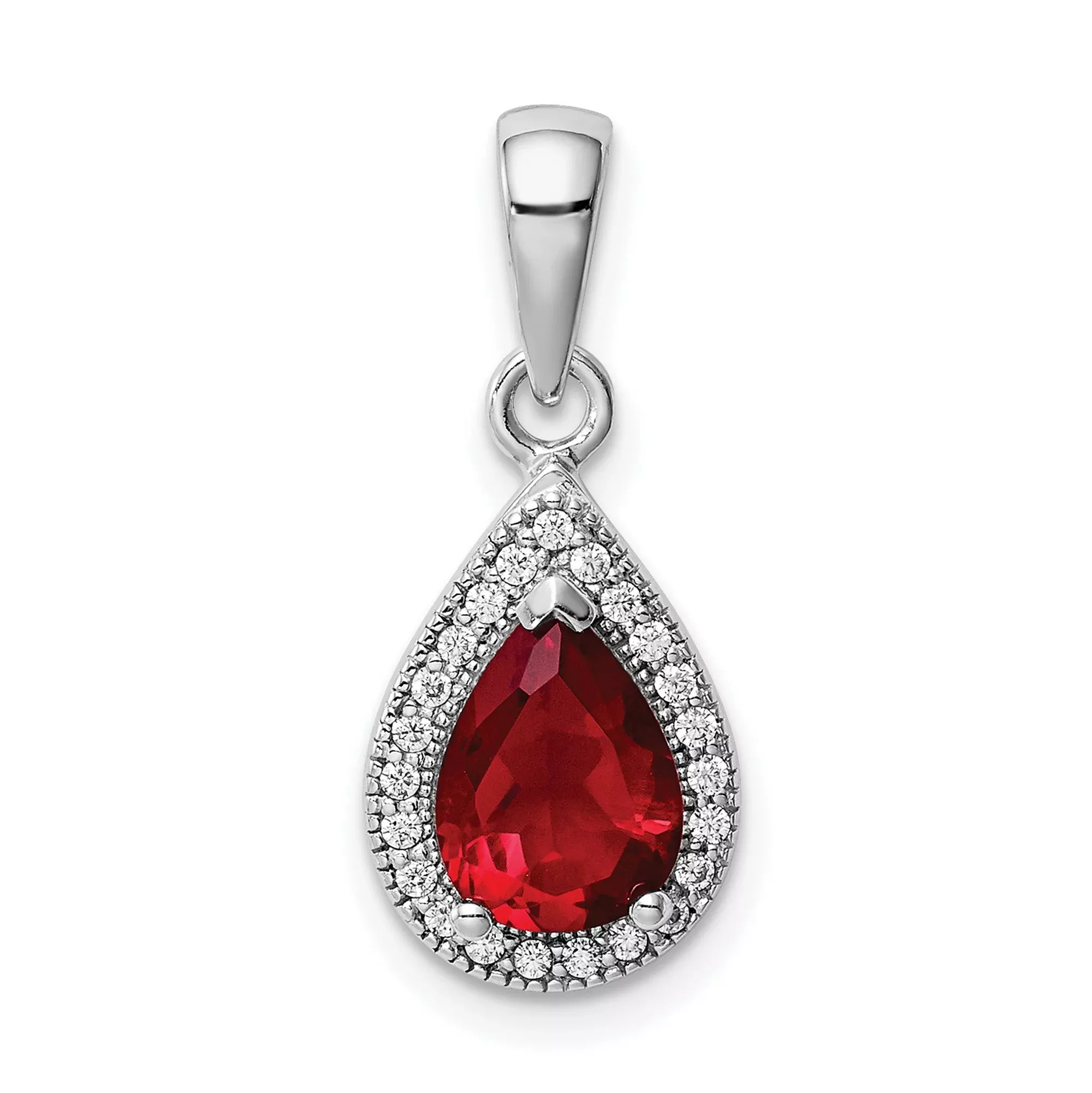 Sterling Silver Teardrop Pendant with Red Gemstone and Cubic Zirconia Halo