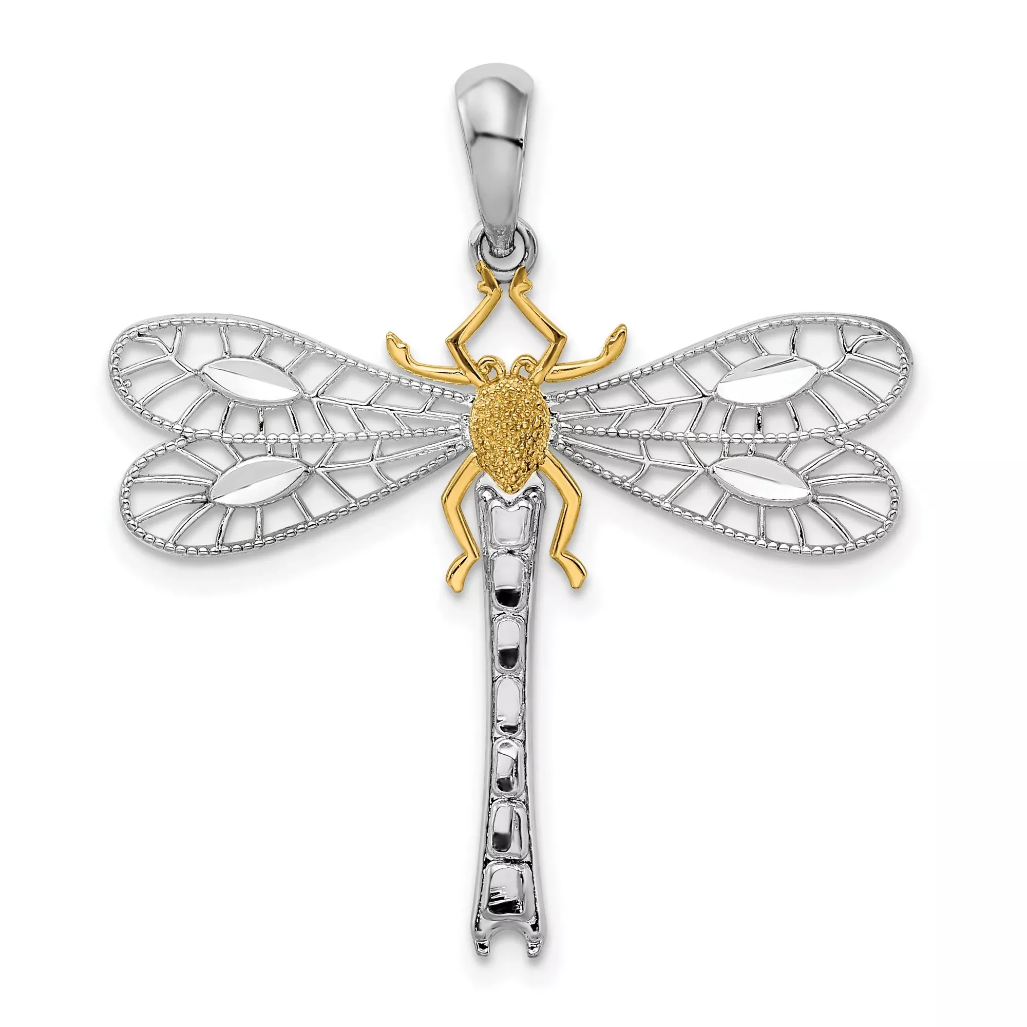 Sterling Silver Two-Tone Dragonfly Pendant with Openwork Wings and Textured Details