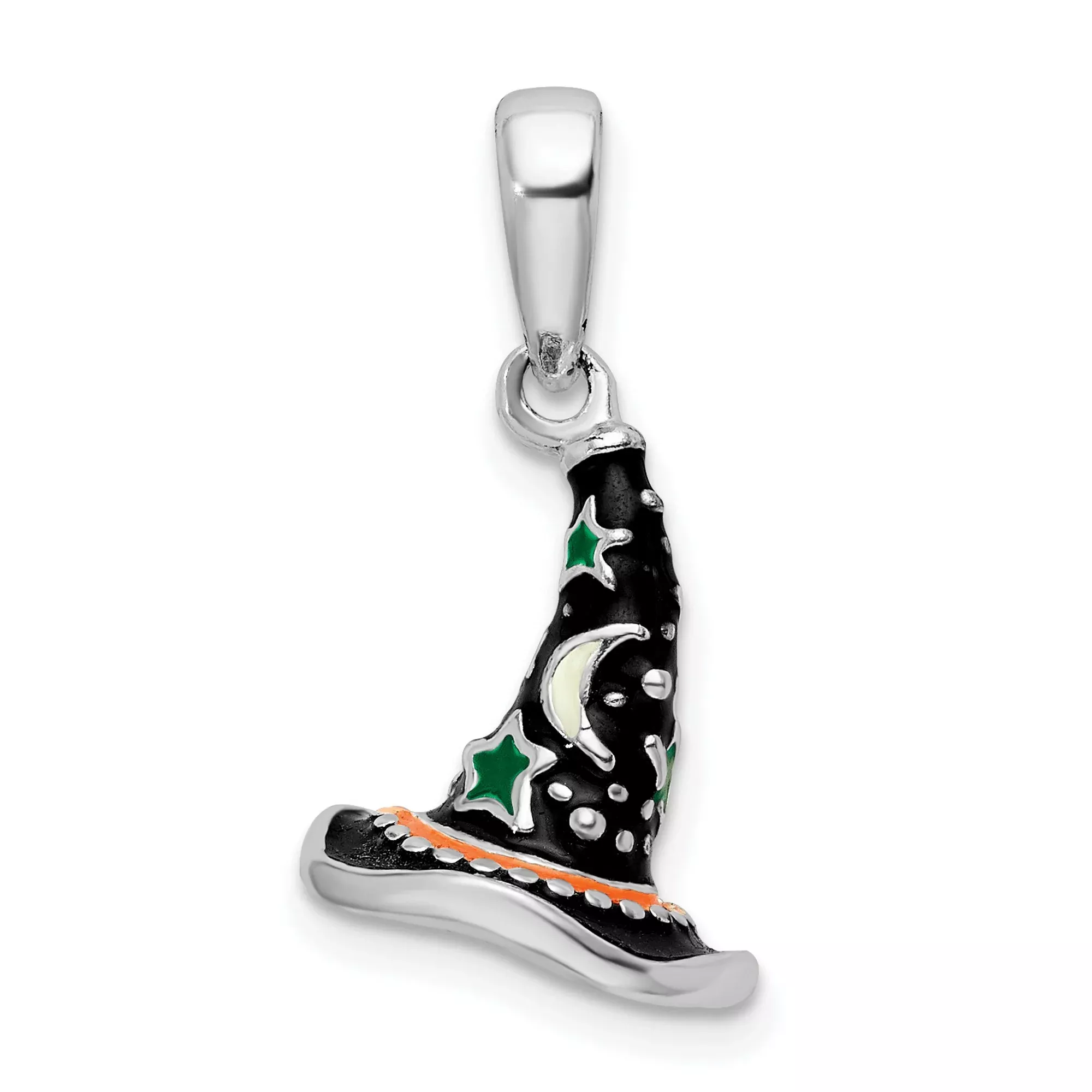 Sterling Silver Witch Hat Pendant with Green Stars and Crescent Moon, Mystical Charm for Women and Teens