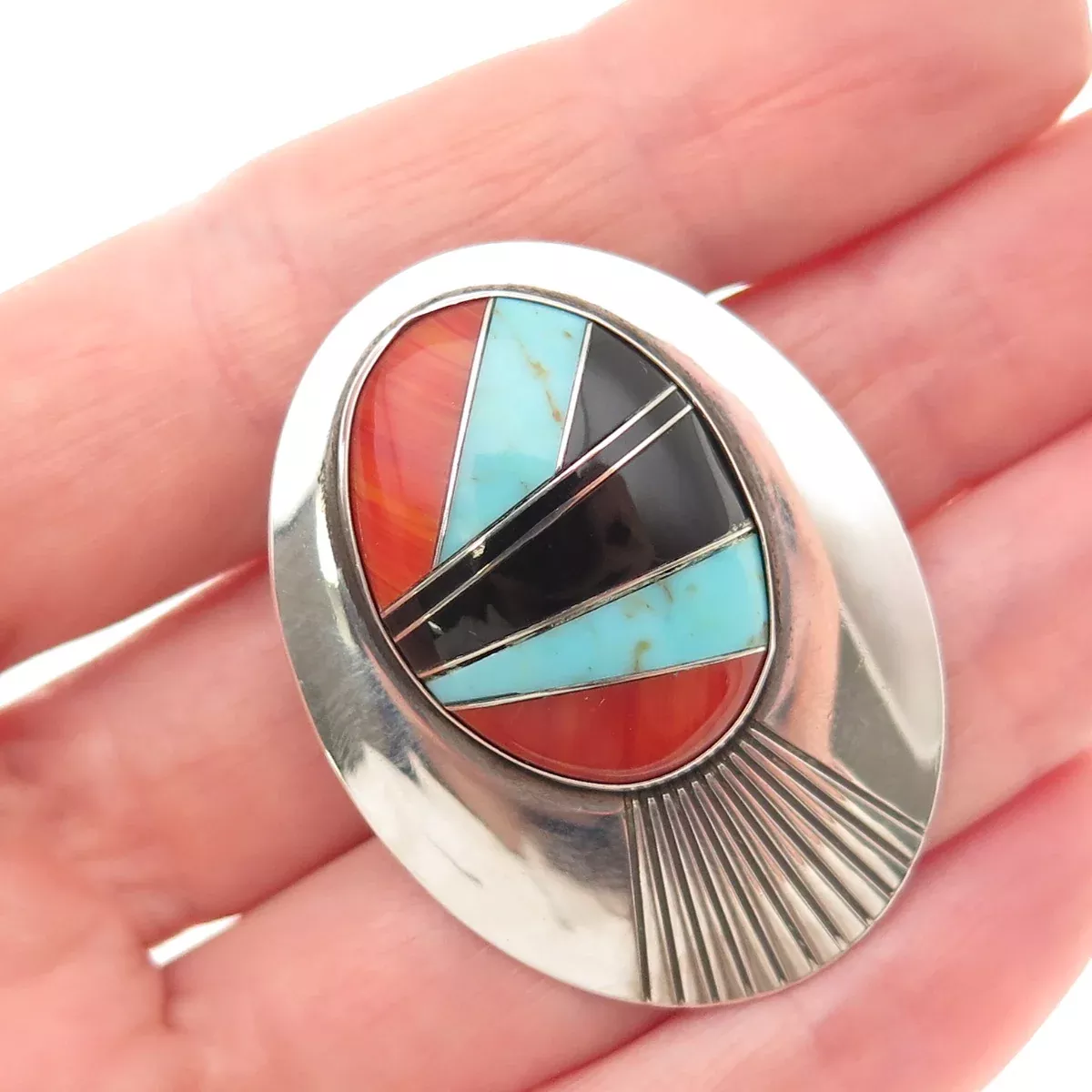 SUNWEST Old Pawn Sterling Silver Vintage Turquoise Black Onyx & Coral Pin Brooch