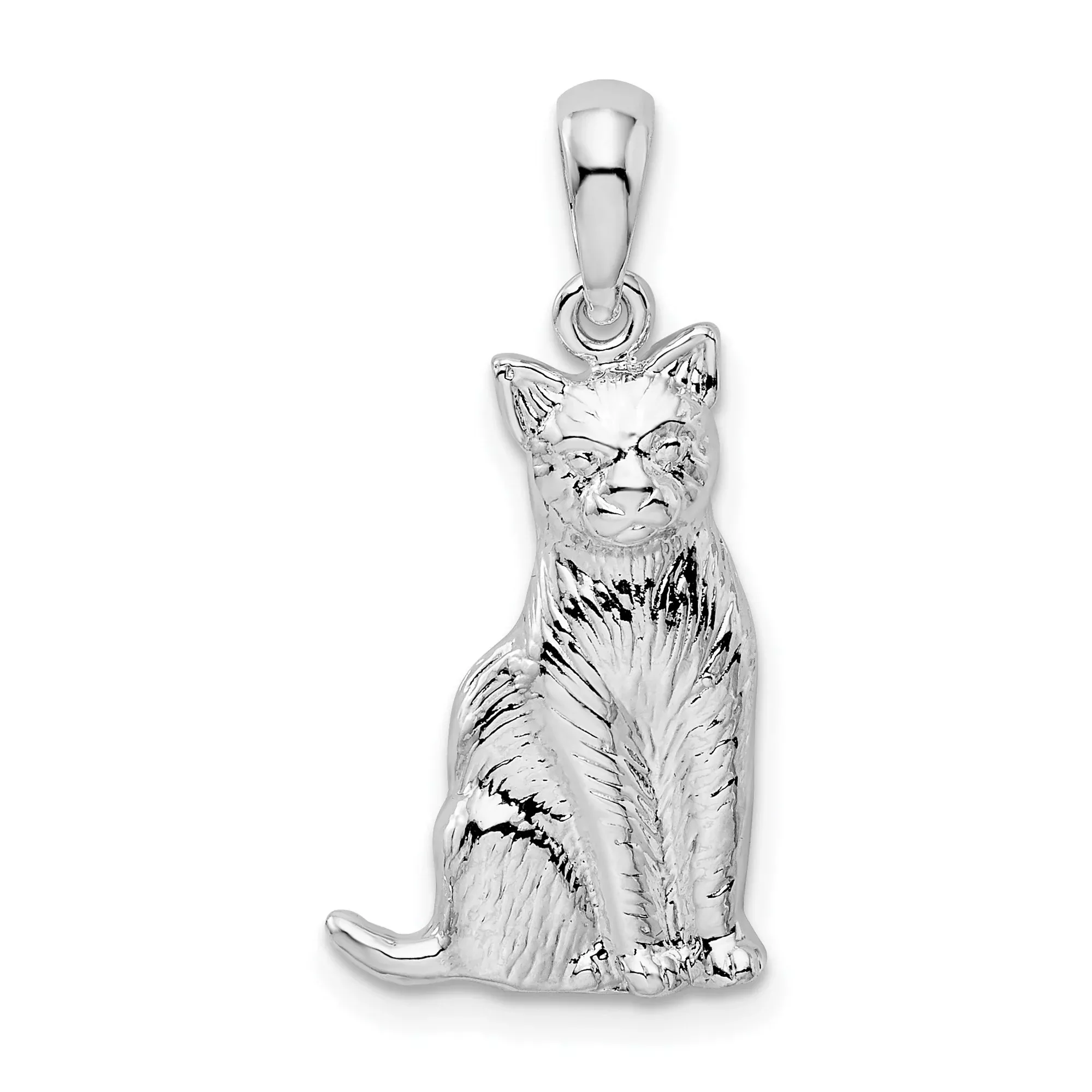 Textured Sitting Cat Charm Pendant in Real 925 Sterling Silver