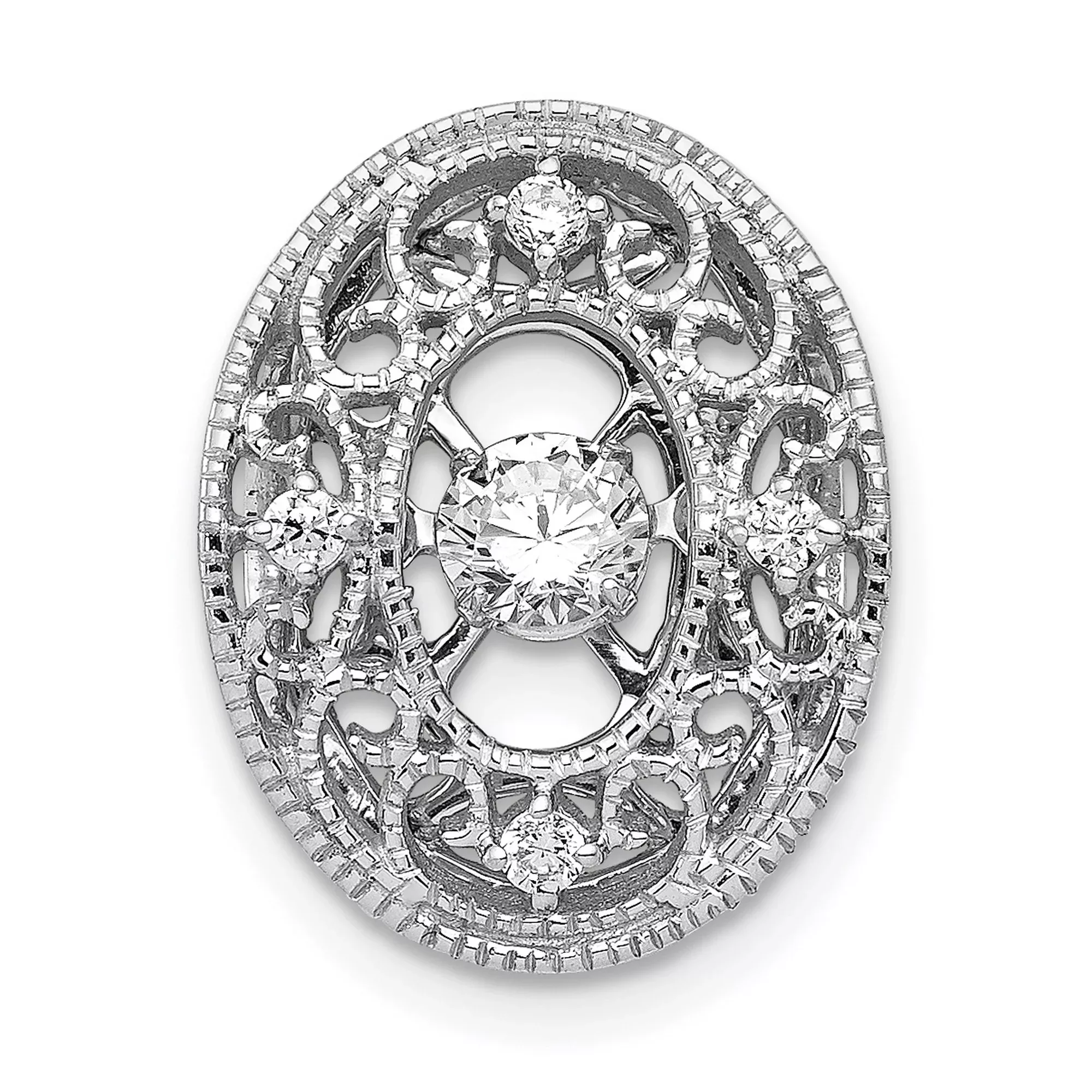 Vibrant Diamond Oval Slide Chain Slide Charm Pendant in Real 14k White Gold