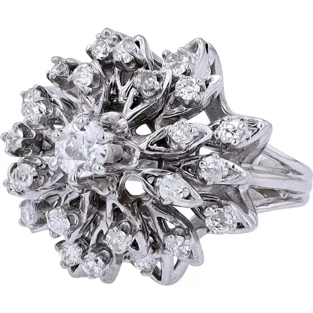 Vintage 14K White Gold Diamond Cluster Ring - 0.78 Carat Total Diamond Weight