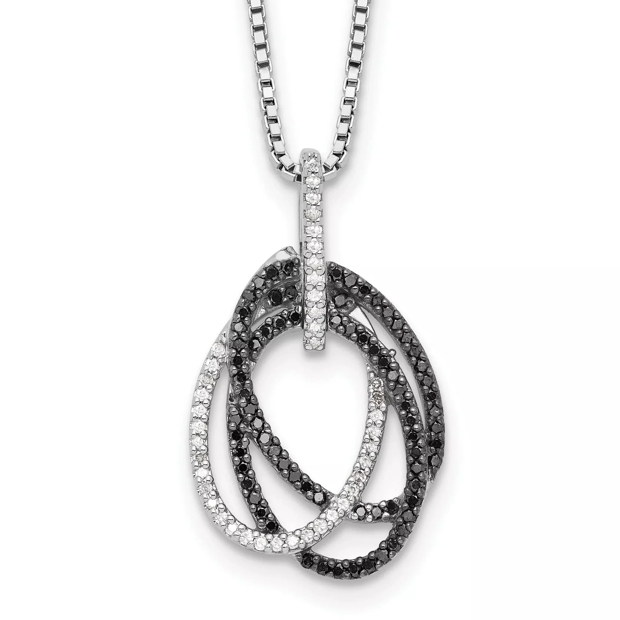 White Night Sterling Silver Rhodium-plated Black and White Diamond Triple Oval 18 Inch Necklace with 2 Inch Extender