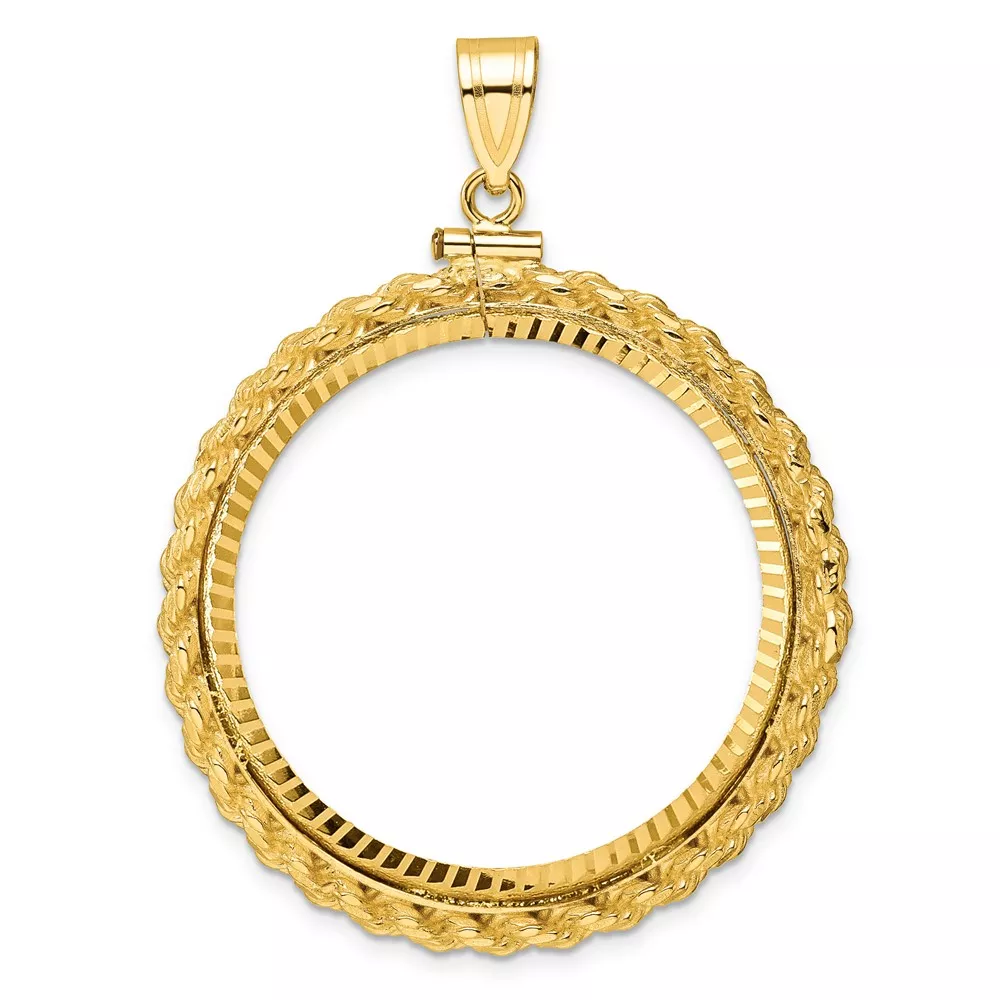 Wideband Distinguished Coin Jewelry 14k Polished and Diamond-cut Casted Rope 32.7mm x 3.00mm Screw Top Coin Bezel Pendant