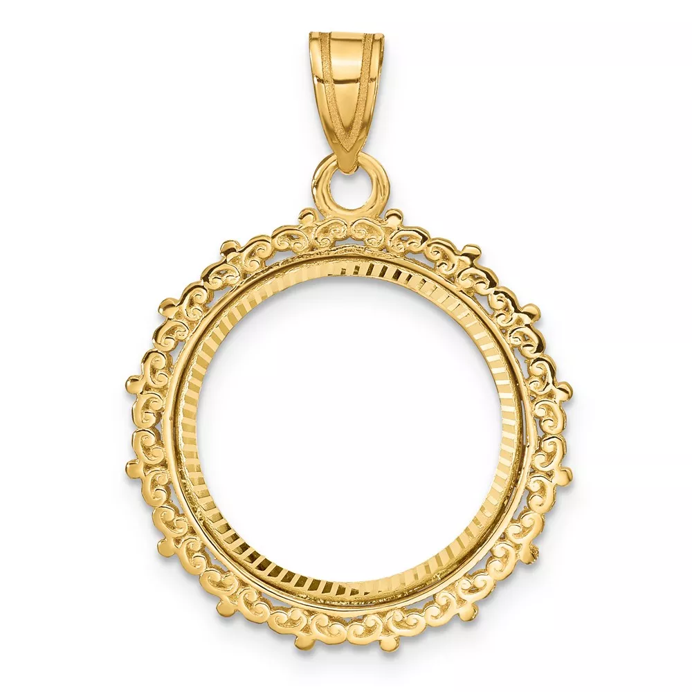 Wideband Distinguished Coin Jewelry 14k Polished and Diamond-cut Fancy 16.5mm Prong Coin Bezel Pendant