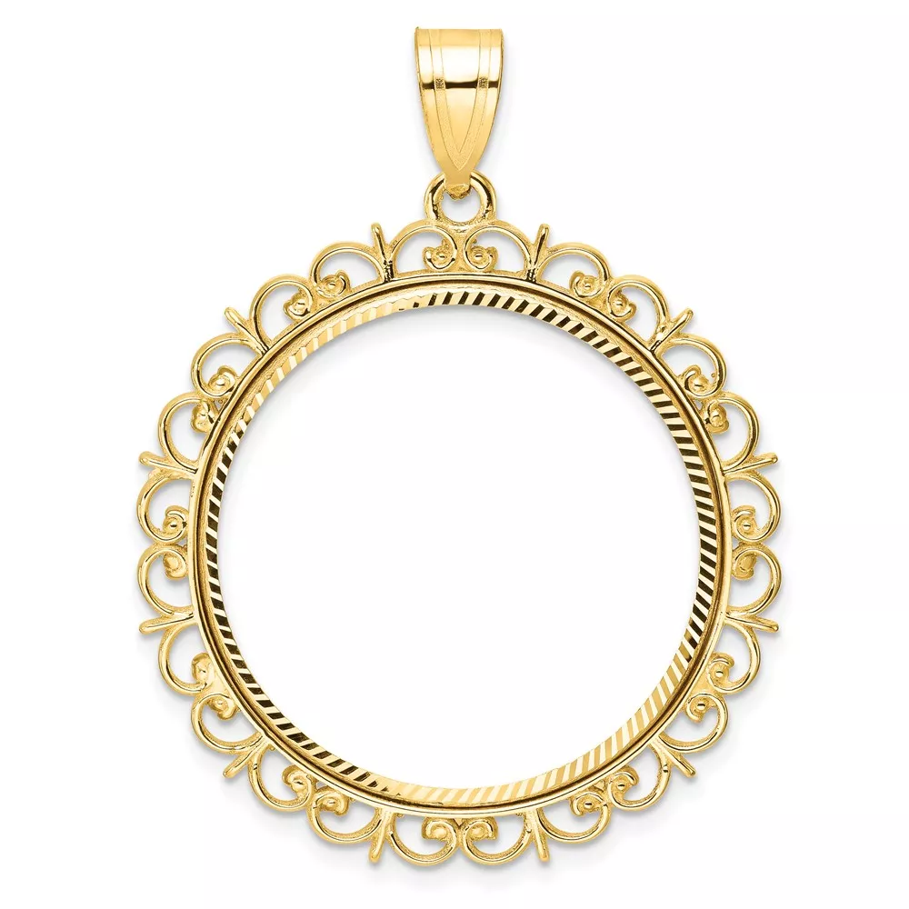Wideband Distinguished Coin Jewelry 14k Polished and Diamond-cut Fancy 27.0mm Prong Coin Bezel Pendant