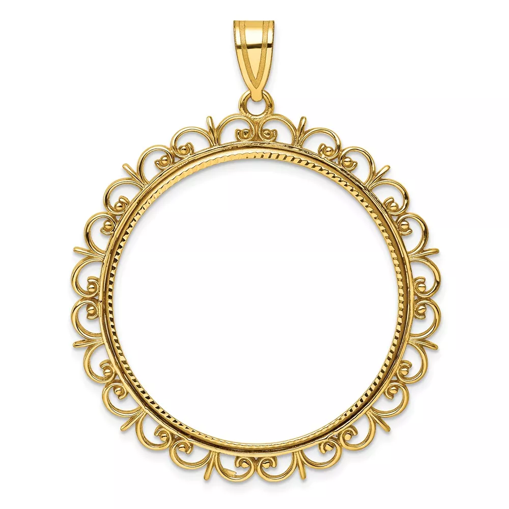 Wideband Distinguished Coin Jewelry 14k Polished and Diamond-cut Fancy 32.7mm Prong Coin Bezel Pendant