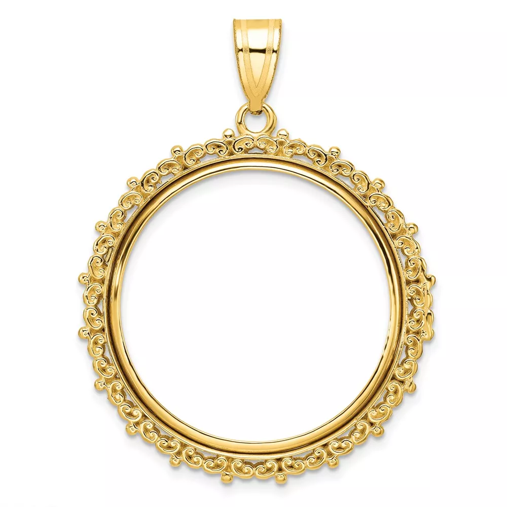 Wideband Distinguished Coin Jewelry 14k Polished Fancy 27.0mm Prong Coin Bezel Pendant