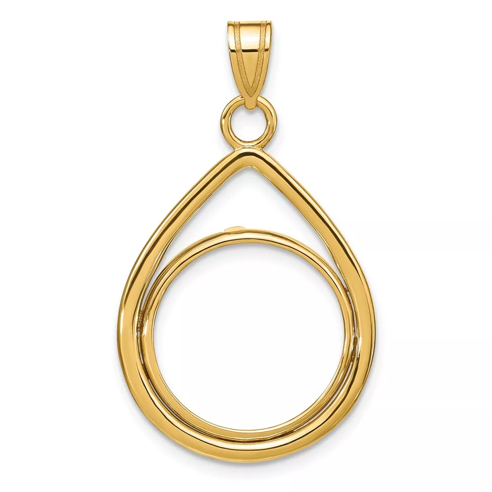 Wideband Distinguished Coin Jewelry 14k Polished Lightweight Teardrop 16.5mm Prong Coin Bezel Pendant