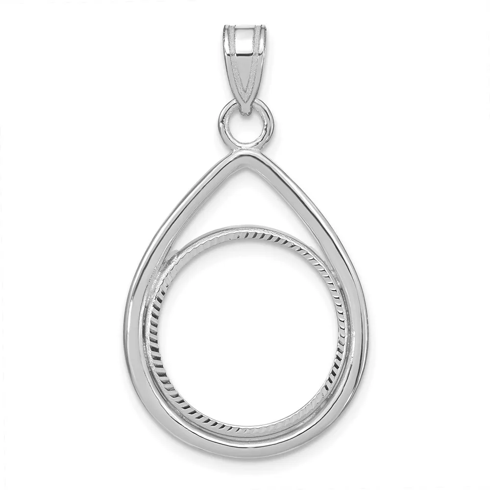 Wideband Distinguished Coin Jewelry 14k White Gold Polished and Diamond-cut Teardrop 27.0mm Prong Coin Bezel Pendant