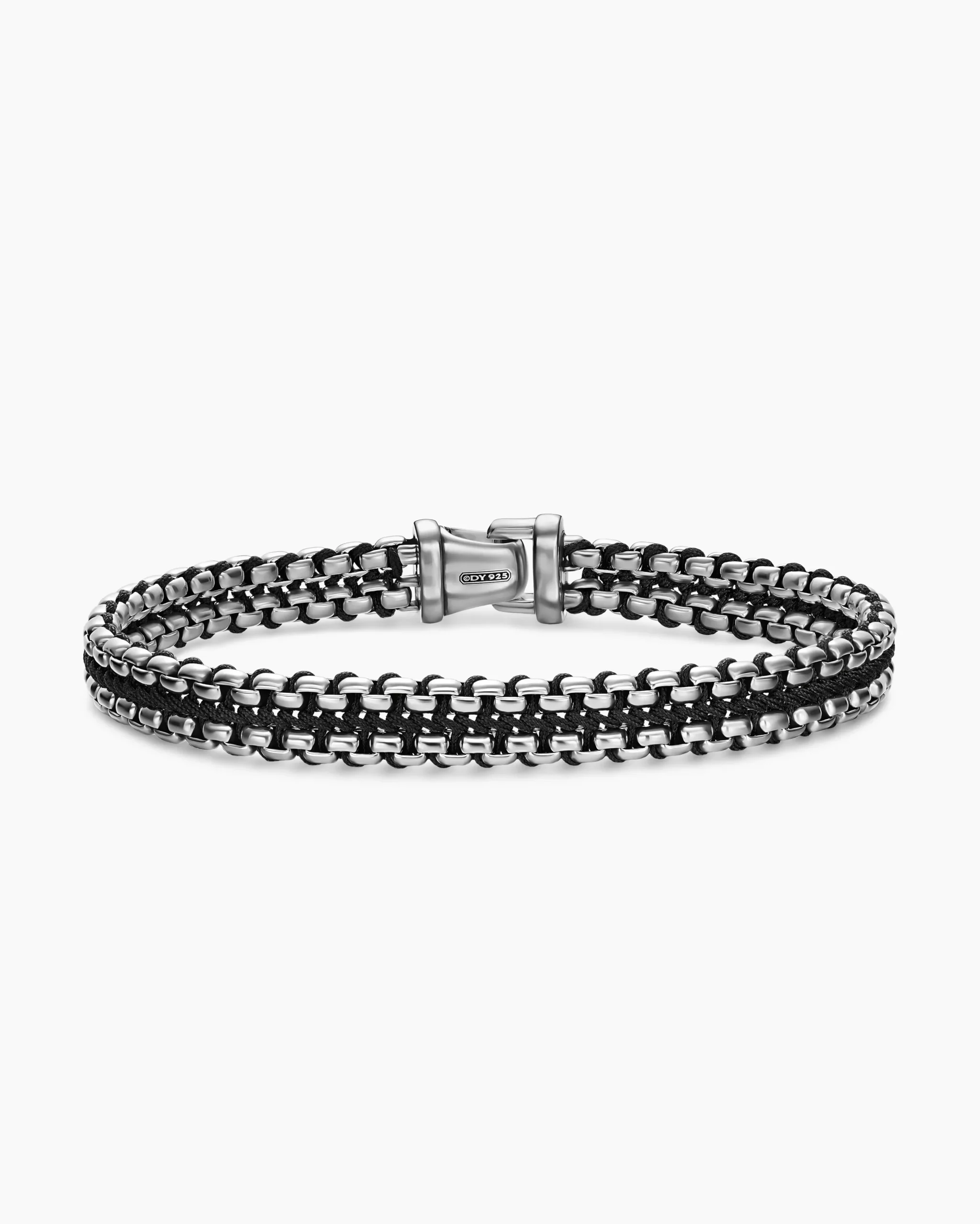 Woven Box Chain Bracelet Sterling Silver with Black Nylon, 10mm