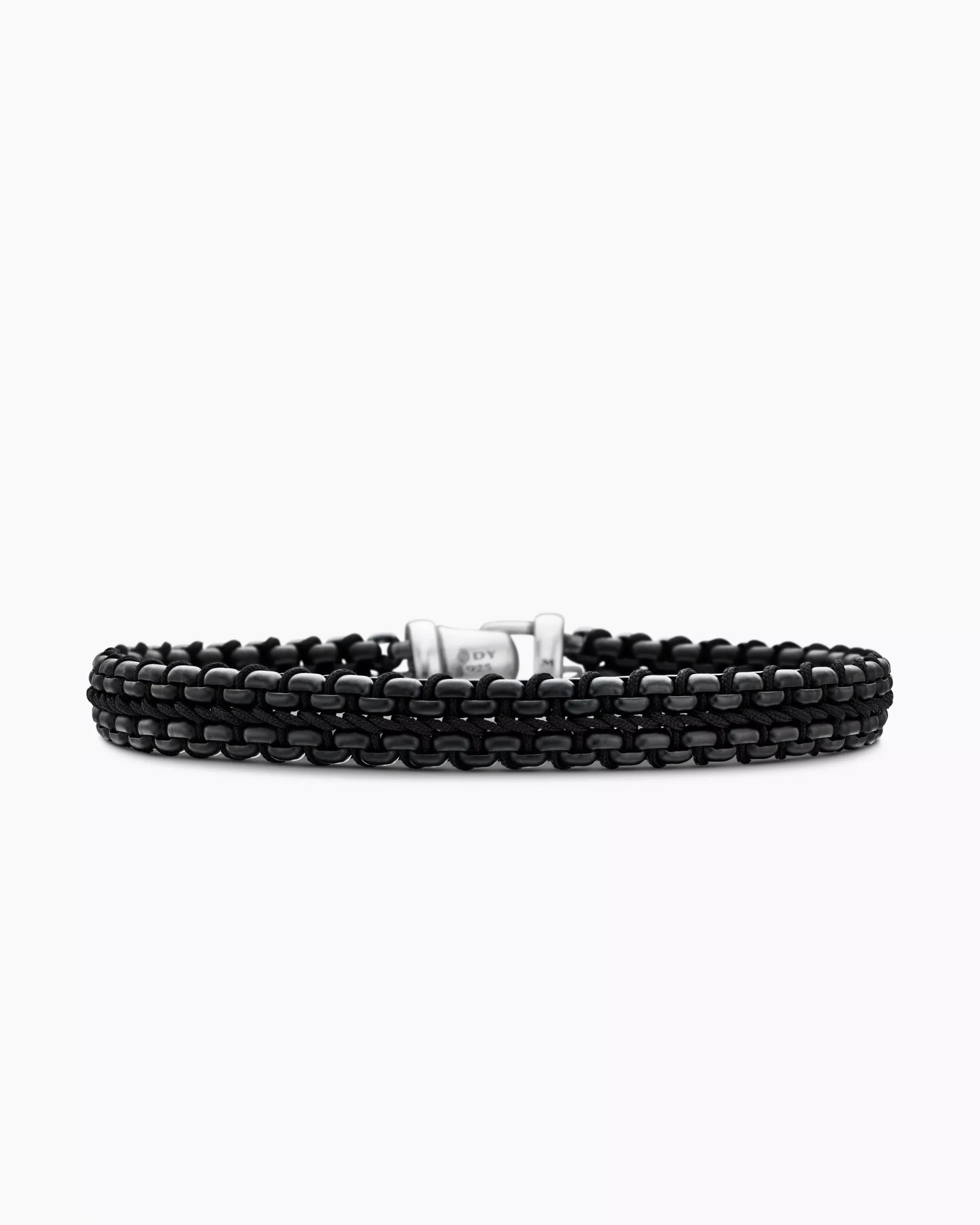 Woven Box Chain Bracelet Sterling Silver with Black Stainless Steel and Black Nylon, 10mm