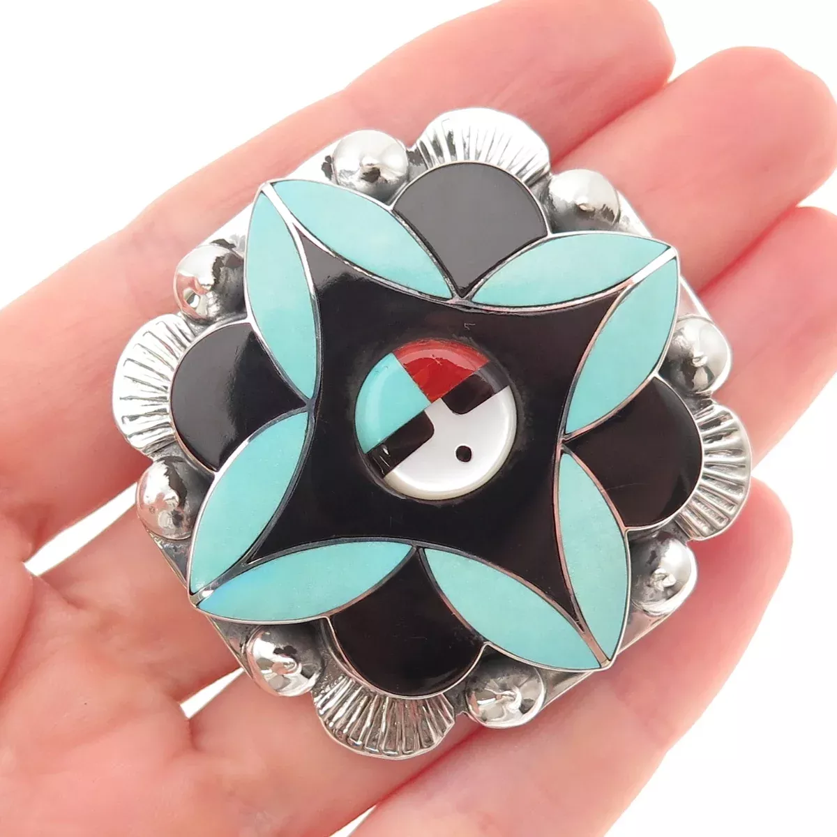 Yolanda Laate Zuni Old Pawn Sterling Vintage Multi-Gem God Pin Brooch/ Pendant