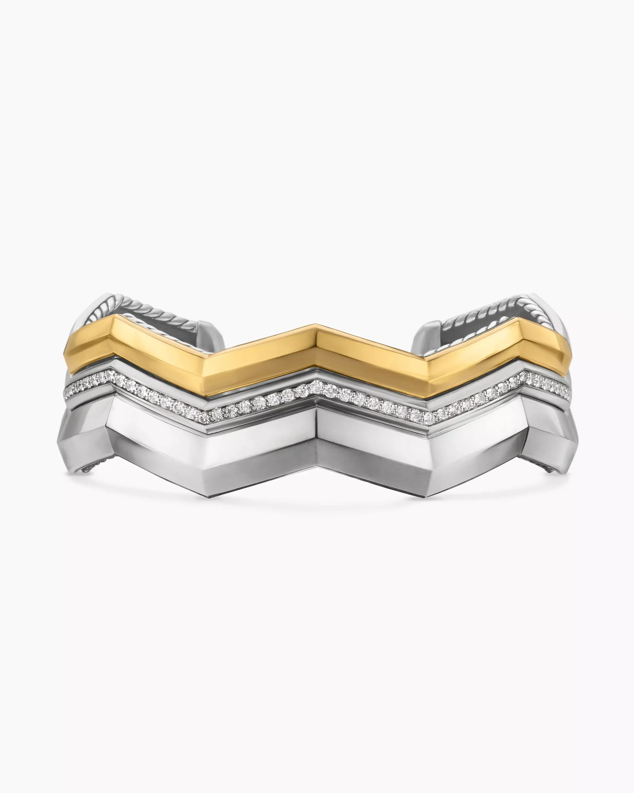 Zig Zag Stax™ Three Row Cuff Bracelet Sterling Silver with 18K Yellow Gold and Diamonds, 17.4mm